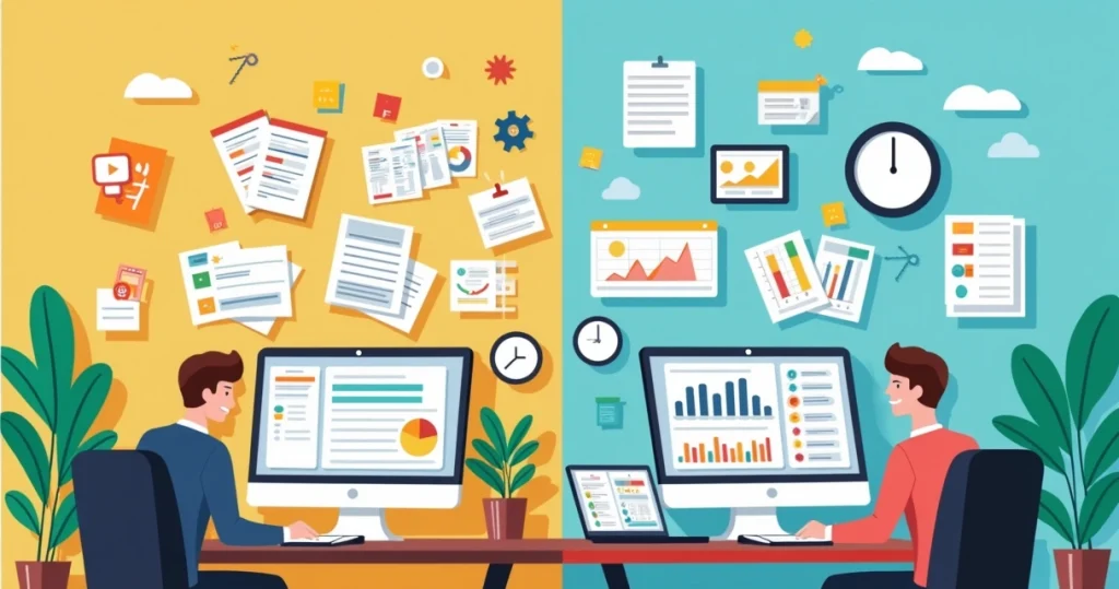Ilustração corporativa mostrando comparação entre planilha de Excel e sistema integrado de gestão financeira para agências