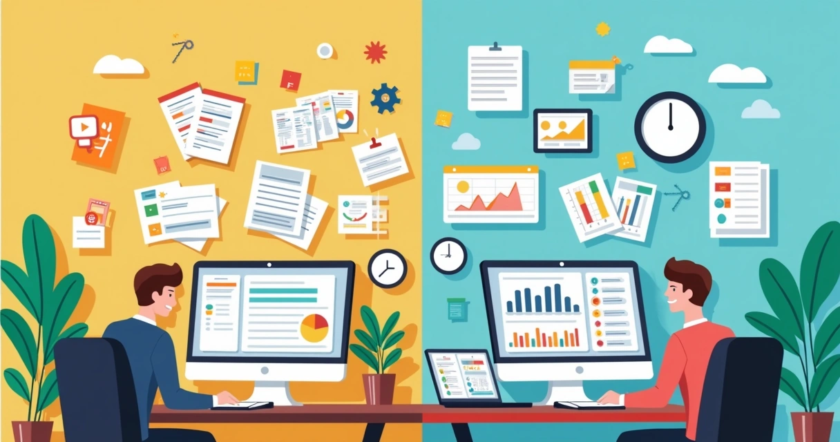 Ilustração corporativa mostrando comparação entre planilha de Excel e sistema integrado de gestão financeira para agências