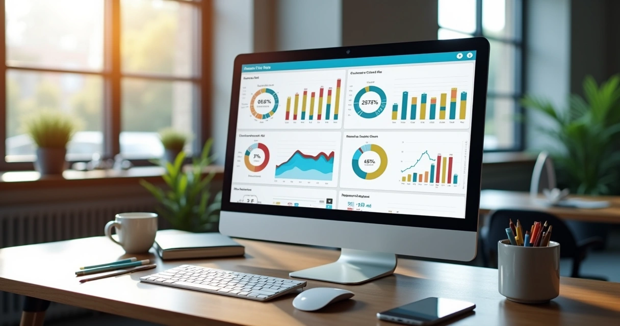 Dashboard digital exibindo métricas de churn, gráficos coloridos de receitas e clientes em uma tela de computador