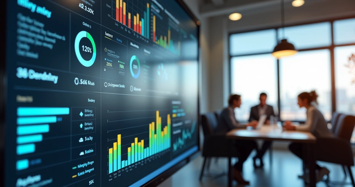 Dashboard digital com gráficos e indicadores de desempenho em uma agência de marketing