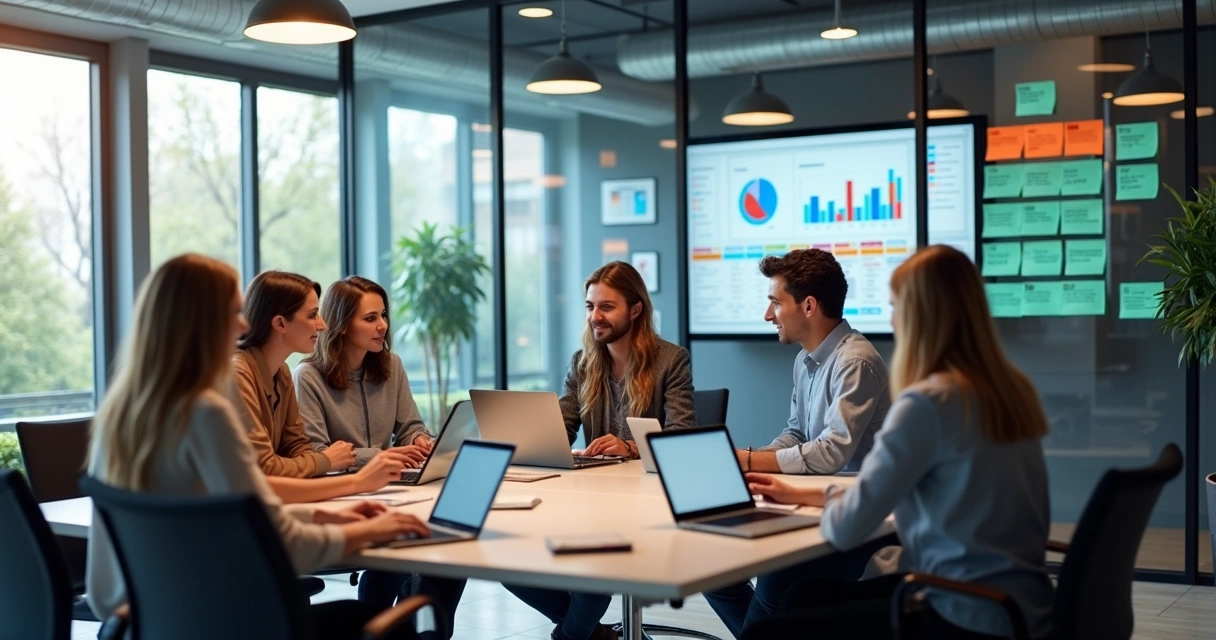 Equipe multidisciplinar colaborando em ambiente de agência com computadores, quadros de tarefas e comunicação centralizada