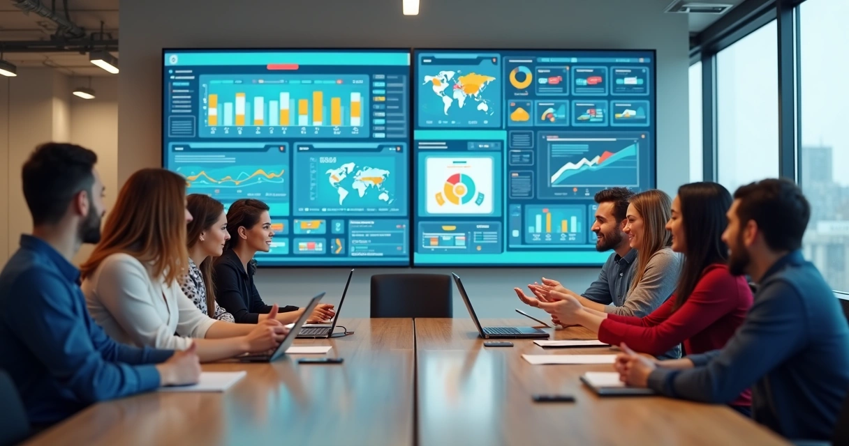 Equipe de agência de marketing reunida em sala moderna com telas digitais e gráficos