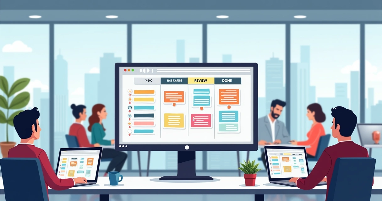 Ilustração corporativa plana mostrando um quadro Kanban digital organizado em colunas com cartões coloridos representando tarefas em diferentes etapas, com equipe trabalhando ao fundo em ambiente de a