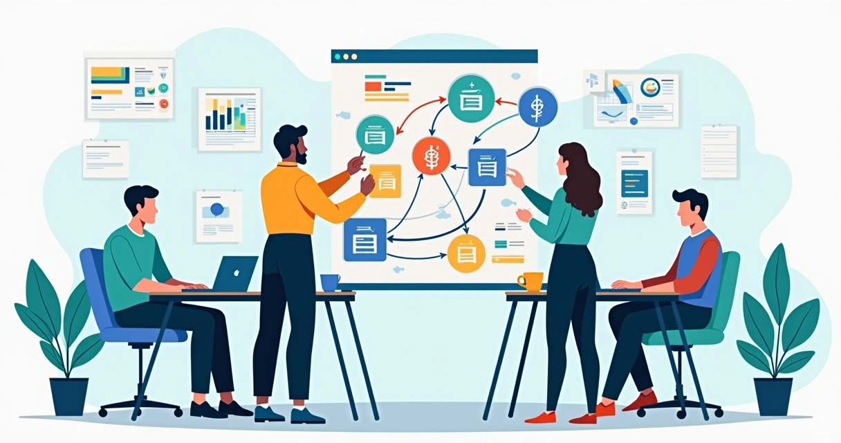 Ilustração corporativa de equipe trabalhando em fluxograma digital de agência de marketing