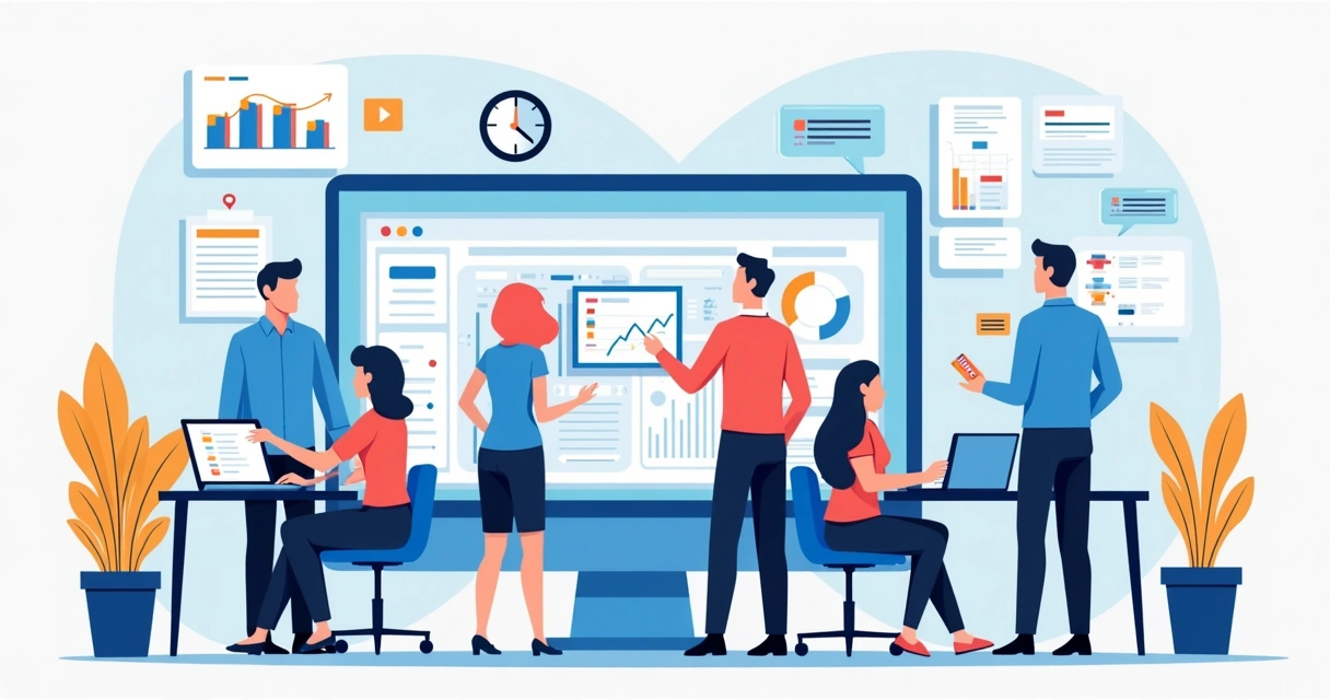 Ilustração flat empresarial mostrando equipe de agência de marketing migrando para software de gestão NAMTAB com gráficos e dashboards digitais ao fundo