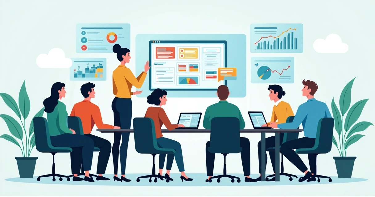 Ilustração corporativa de equipe multidisciplinar em reunião com gráficos e fluxogramas digitais ao fundo
