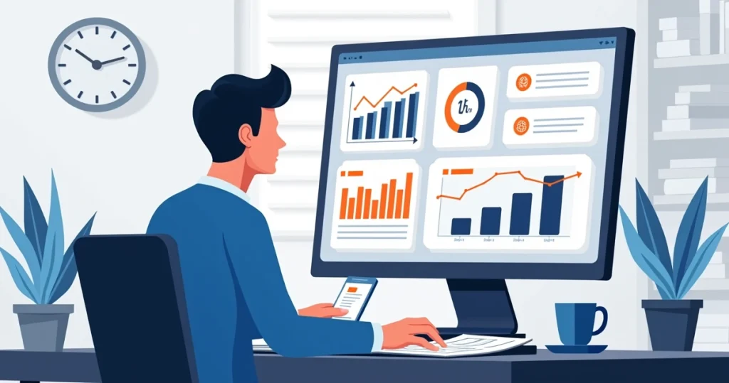 Gestor analisando gráficos de desempenho digital e indicadores de produtividade da agência no monitor