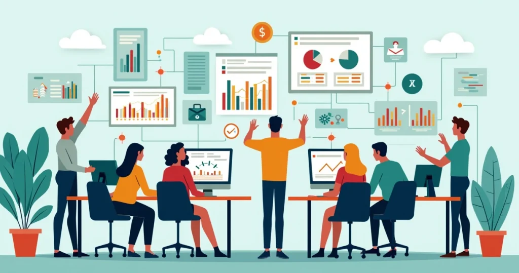 Ilustração corporativa plana mostrando equipes de agência colaborando em escritórios com computadores, gráficos, e comunicação digital unificada