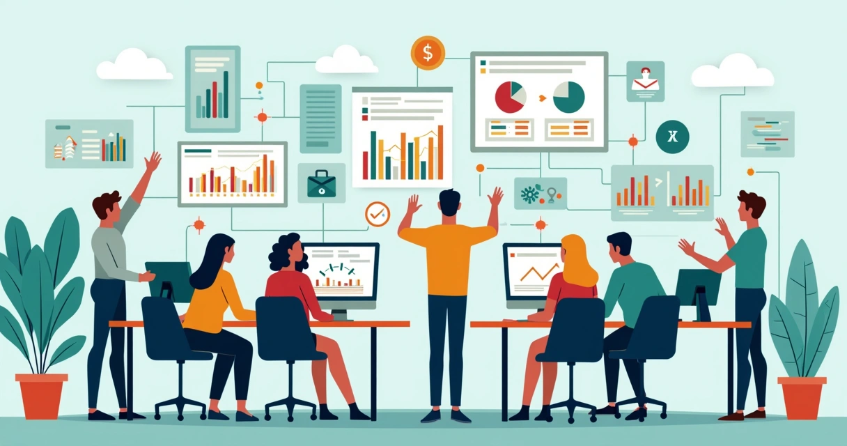 Ilustração corporativa plana mostrando equipes de agência colaborando em escritórios com computadores, gráficos, e comunicação digital unificada