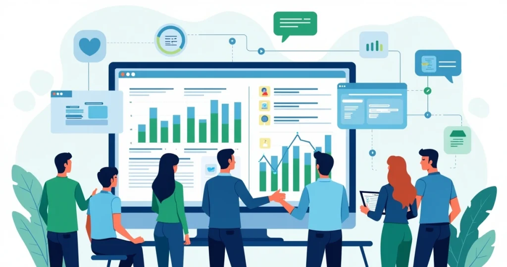 Ilustração corporativa plana mostrando equipe de vendas otimizada com gráficos e fluxogramas em telas digitais