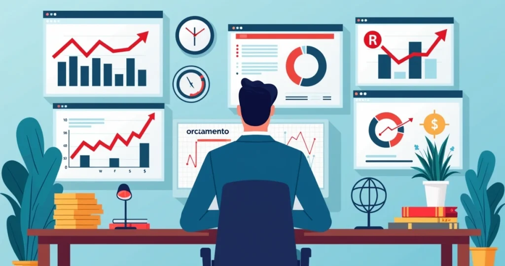 Ilustração corporativa mostrando gestor analisando gráficos financeiros com alertas de erros na precificação e margens negativas