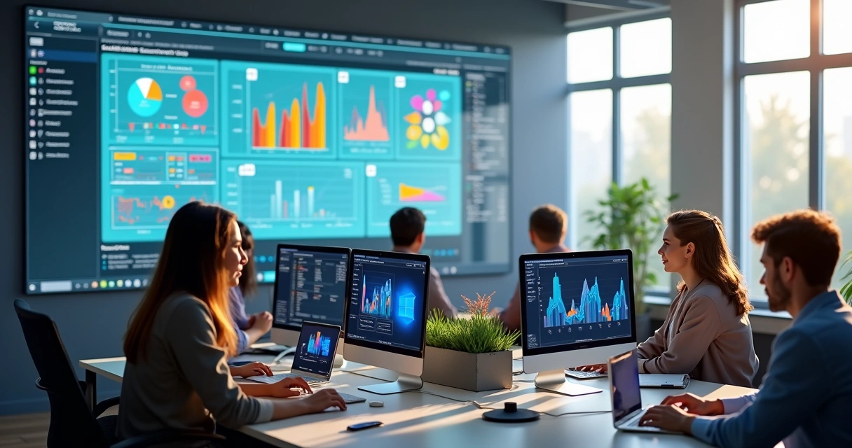 Dashboard moderno de software CRM integrado com gráficos, equipes trabalhando em computadores e comunicação em uma agência de marketing