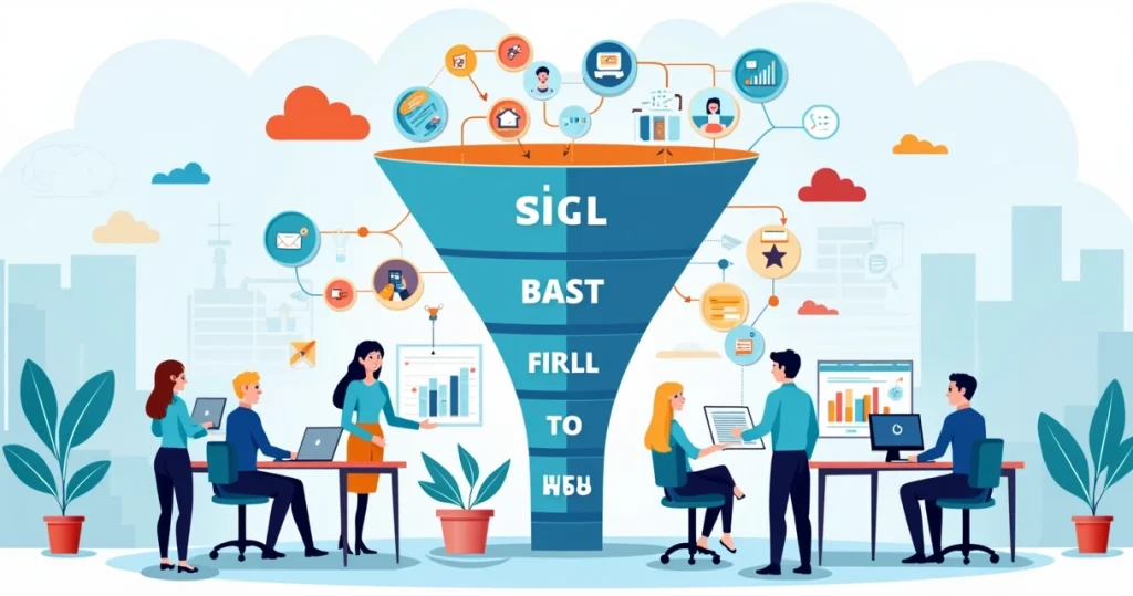 Ilustração corporativa em flat mostrando funil de vendas de agência com etapas, automação e equipe comercial