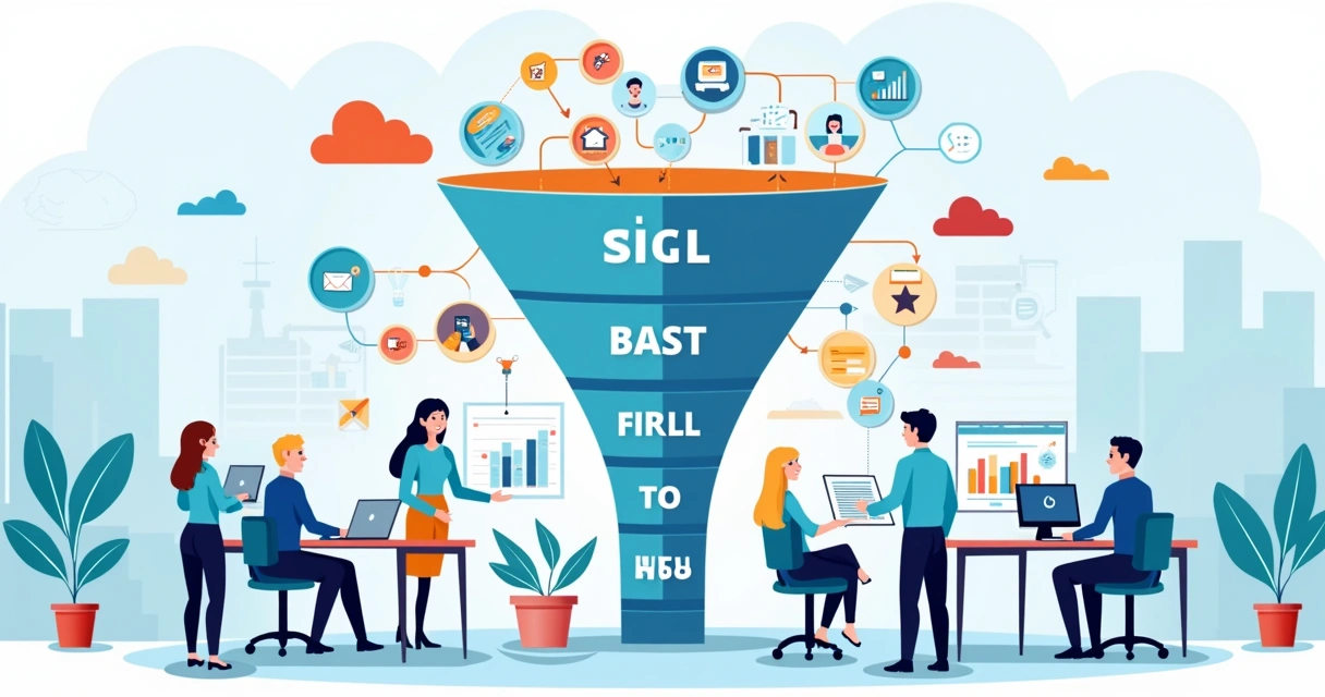 Ilustração corporativa em flat mostrando funil de vendas de agência com etapas, automação e equipe comercial