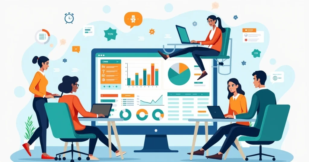 Ilustração corporativa de equipe usando timesheet integrado a CRM e gestão de projetos em dashboards digitais coloridos