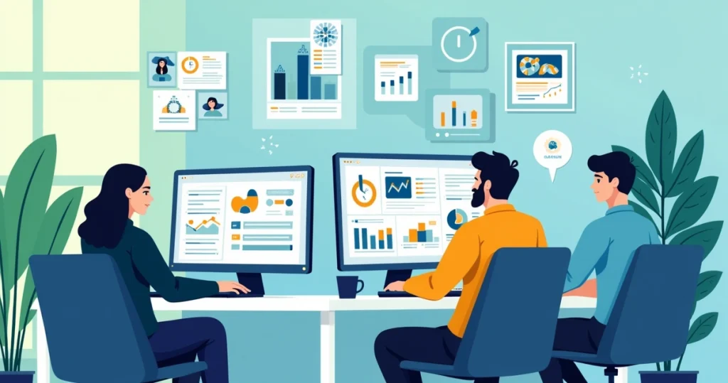 Ilustração corporativa plana mostrando equipe de agência digital trabalhando em computadores com gráficos, fluxogramas e comunicação centralizada