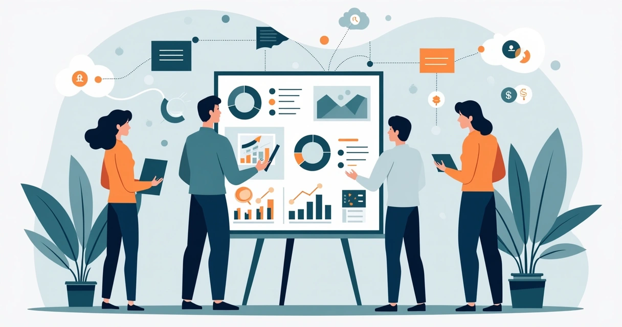 Ilustração corporativa mostrando profissionais de agência trabalhando com telas digitais que exibem fluxogramas de processos automatizados interligados